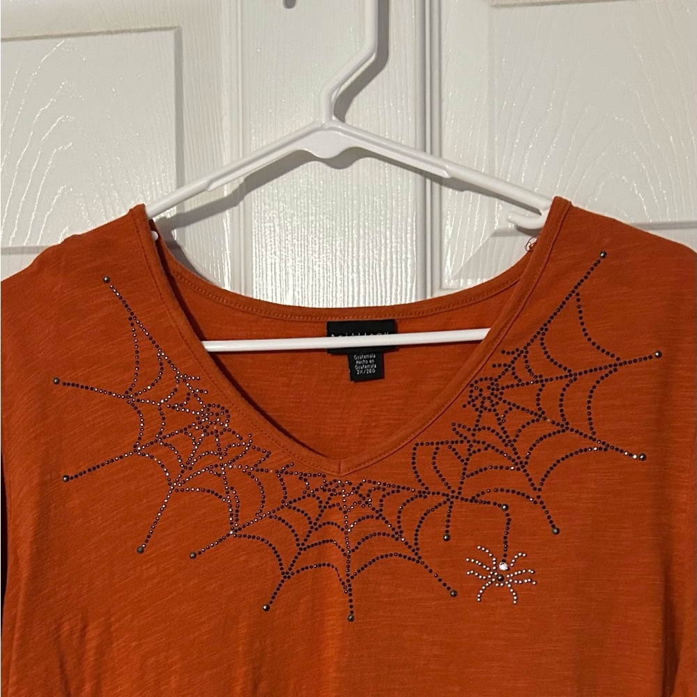 Orange Spider Web Embellished Women's Top - Perfect for Halloween - Picture 3 of 6
